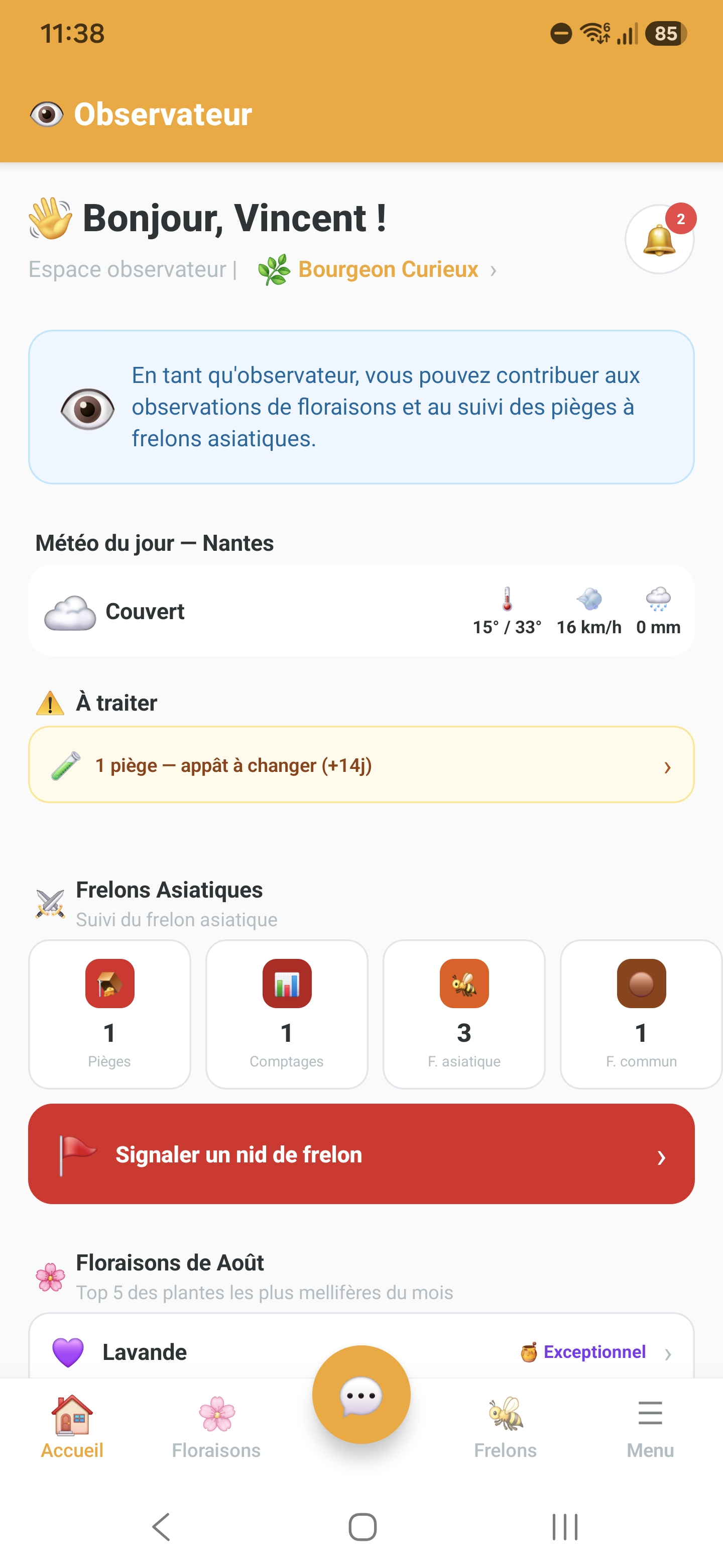 Tableau de bord de l'espace observateur Api'Track